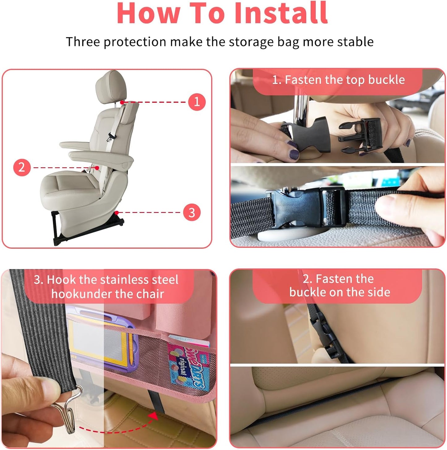 Car Backseat Organizer with Tray, Seat Back Table Holder with 6 Storage Pockets, Car Seat Back Protectors Kick Mats Travel Accessories, 2 Pack Pink