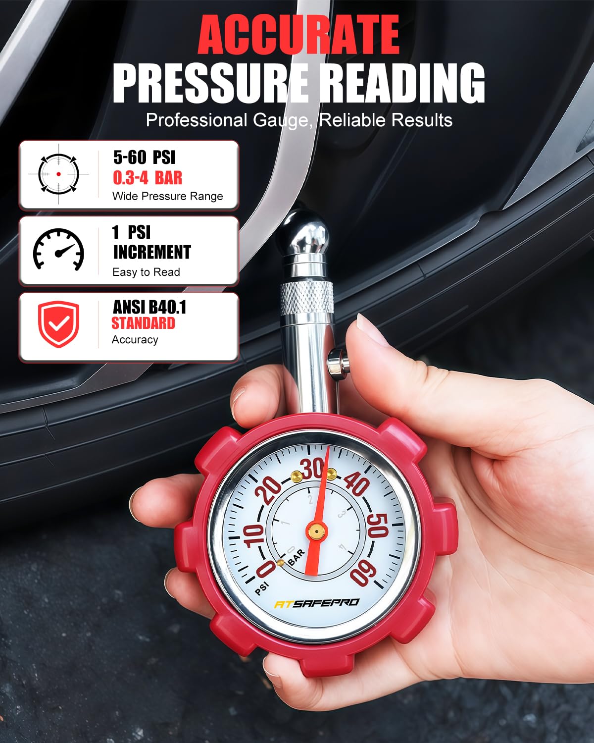 Tire Pressure Gauge 5-60 PSI, Analog 2" Dial, ANSI B40.1,Hold Function