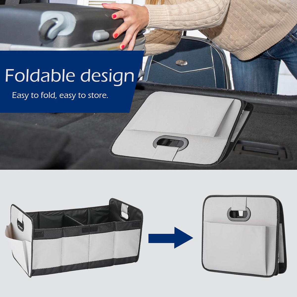 Foldable Car Trunk Organizer - 63L Collapsible Multi-Compartment Storage with 10 Side Pockets, Reinforced Handles & Waterproof 600D Oxford Polyester - Fits Car, SUV, Minivan - Grey