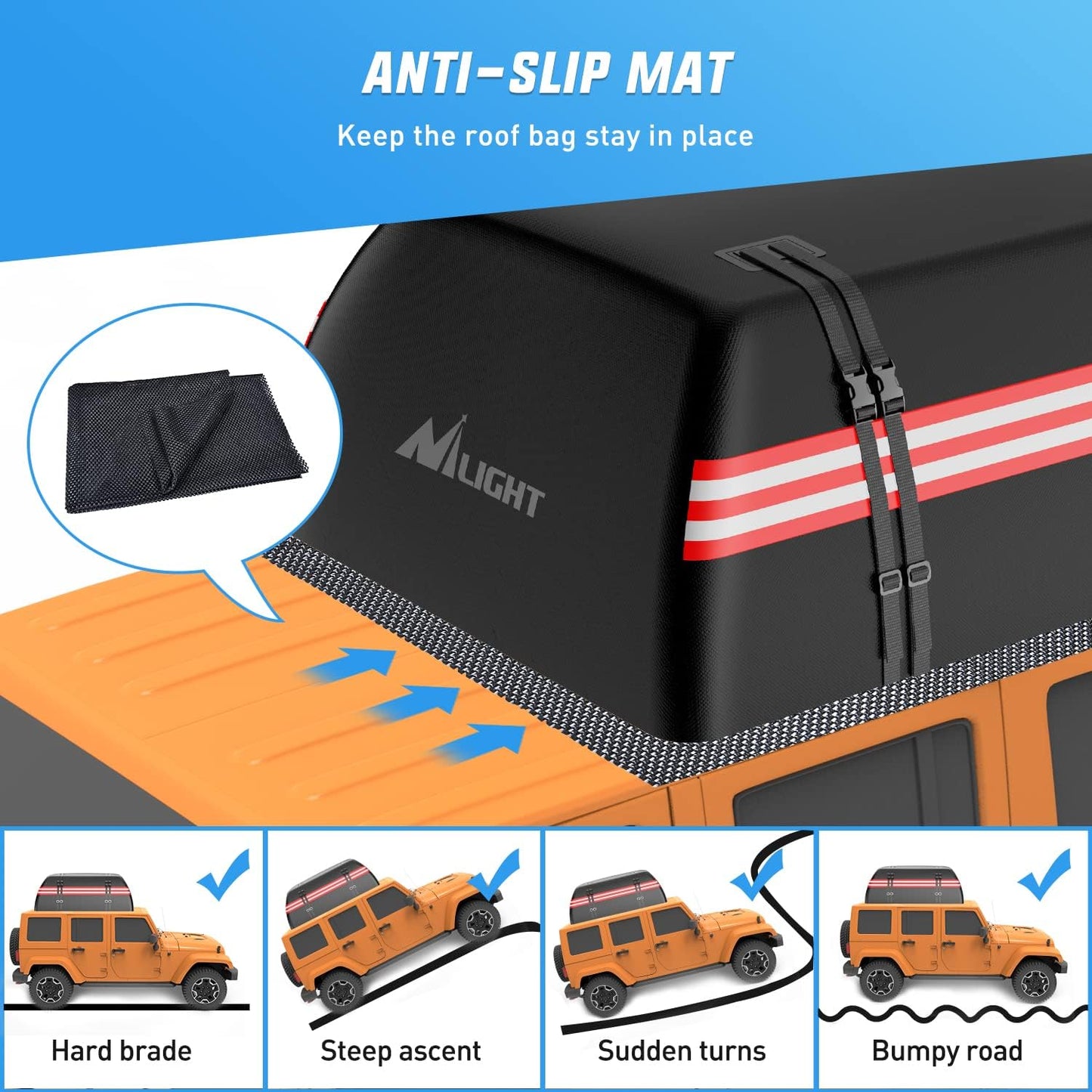 Nilight Car Roof Bag 15 Cubic Feet Waterproof Rooftop Cargo Carrier,Suitable for All Vehicle with/Without Rack - Waterproof Zip,Reflective Strip,Anti-Tear 840D PVC, with Anti-Slip Mat