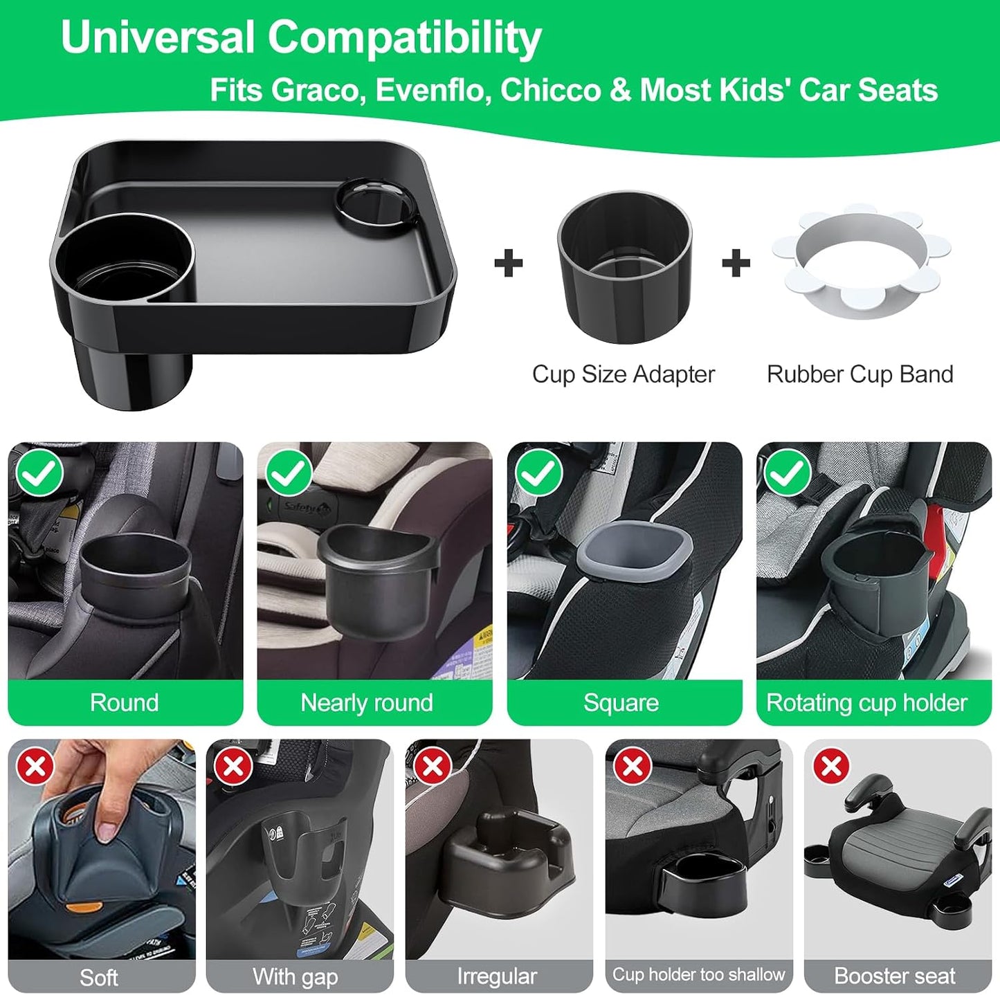 Car Seat Tray for Kids Travel, Carseat Tray for Food Toddler, Car Seat Table Tray, Car Seat Cup Holder Snack Tray for Graco, Evenflo, Chicco, Rotatable Removable Family Road Trip Essentials - Black