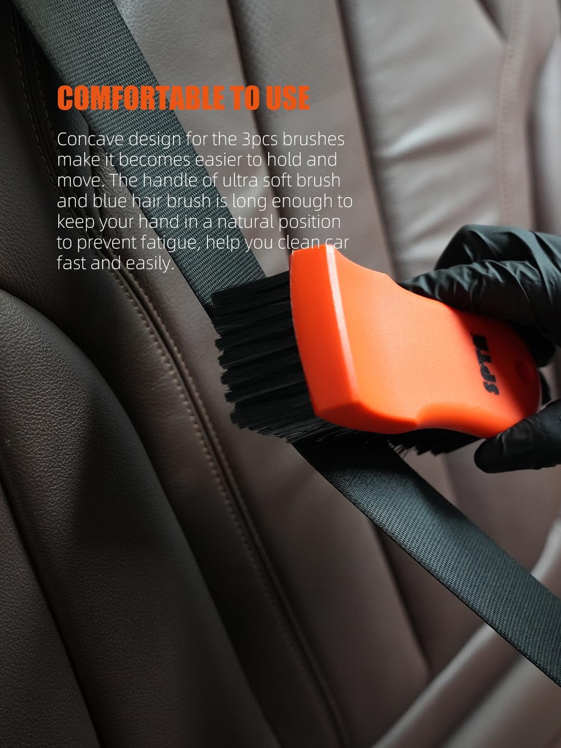 SPTA 3Pcs Car Detailing Brush Kit, Leather & Textile Interior Brush, Comfortable Grip and Scratch-Free Cleaning for Dashboard, Wheels, Seats, Foot Mats and Small Areas, Black