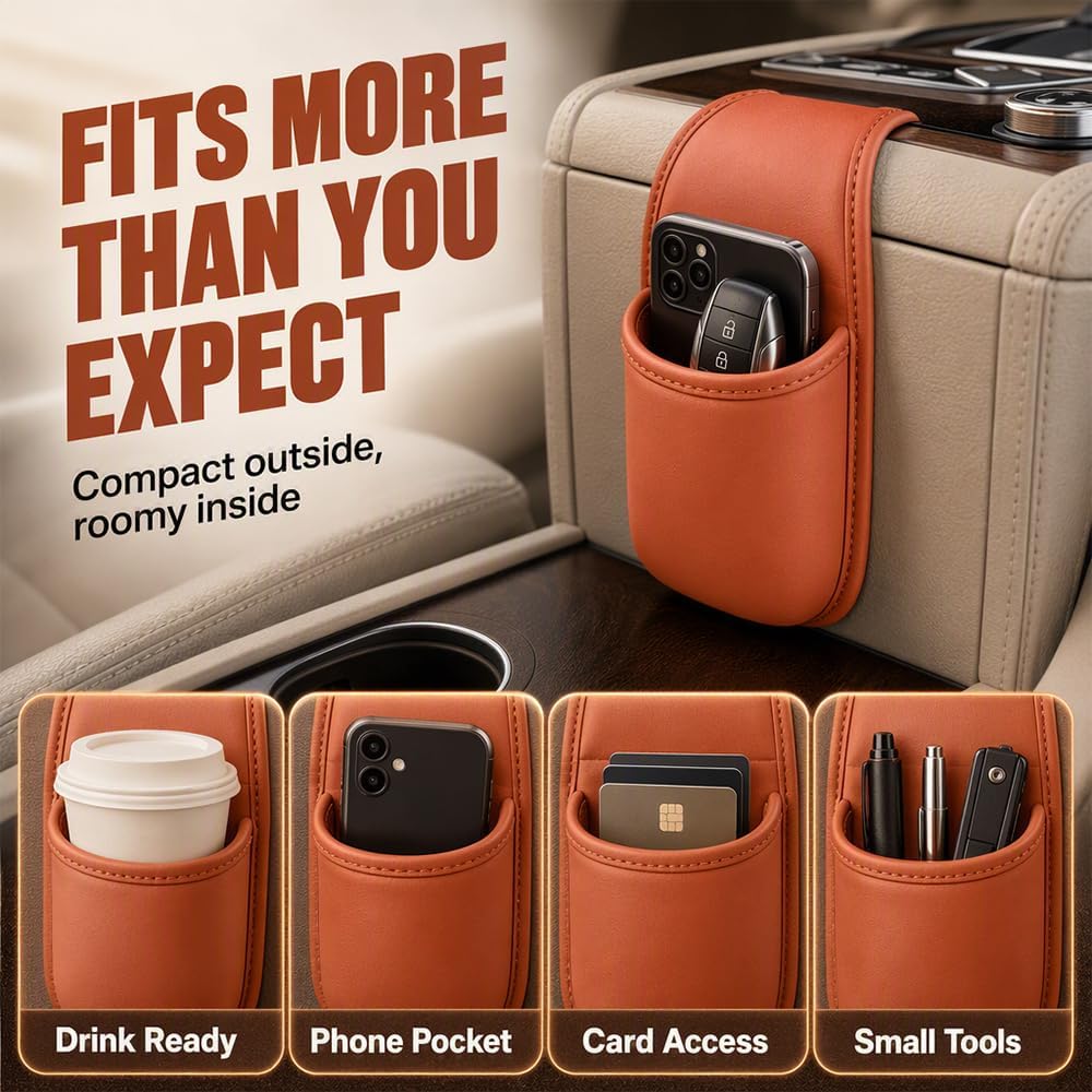 Leather Car Door Cup Holder Clip‑on Wide‑Mouth for Drinks & Phone, Black