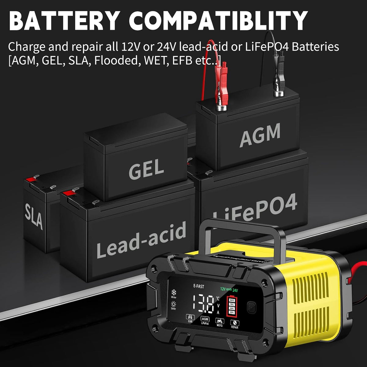 E-FAST 20A Smart Car Battery Charger, 12V 24V Maintainer & Desulfator - Compatible with LiFePO4 Lithium, AGM, Gel, SLA, Deep Cycle - High-Power Trickle Charger for Car, Truck, RV, Boat, Marine