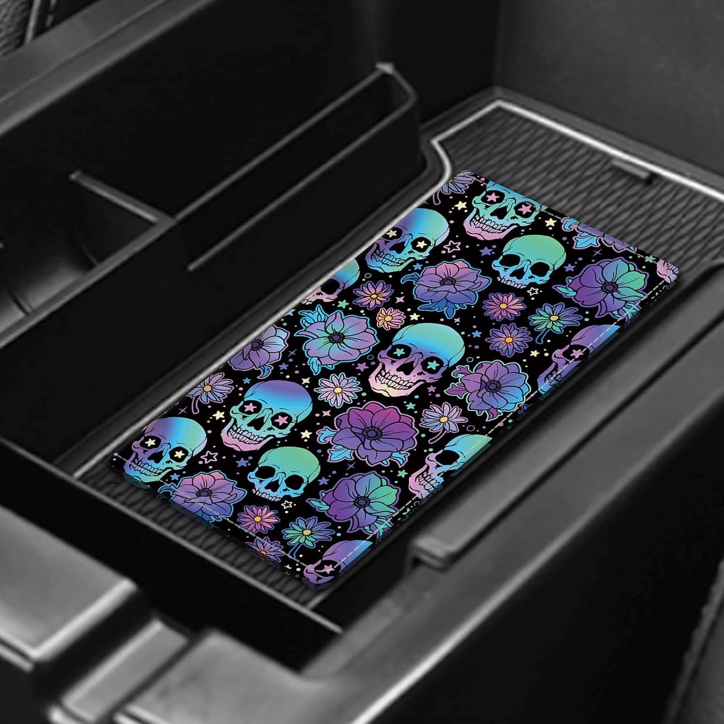 Leather Car Registration and Insurance Card Holder, Cute Car Accessories Vehicle Glove Box Car Organizer for Documents, Cards, License Colorful Skull Floral