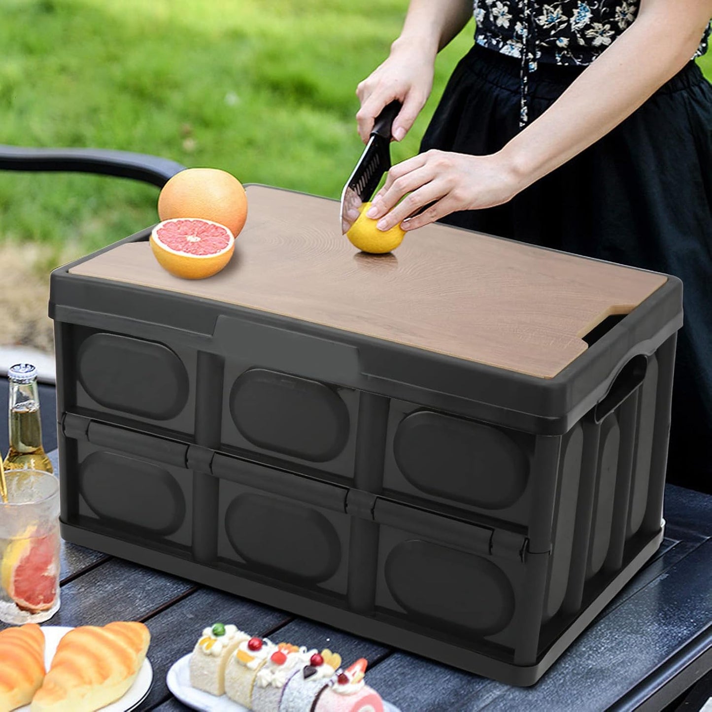 Collapsible Storage Bin with Wooden Lid | 30L/7.9Gal Folding Container | Camping & Car Organization|Home Sorting & Closet Storage|Sturdy Mdf Wood Cover|Stackable Design|16.5x11.2x9.3in(Black)