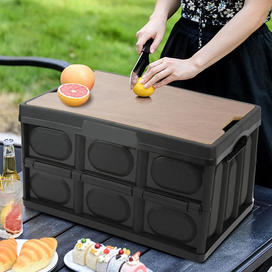 Collapsible Storage Bin with Wooden Lid | 30L/7.9Gal Folding Container | Camping & Car Organization|Home Sorting & Closet Storage|Sturdy Mdf Wood Cover|Stackable Design|16.5x11.2x9.3in(Black)