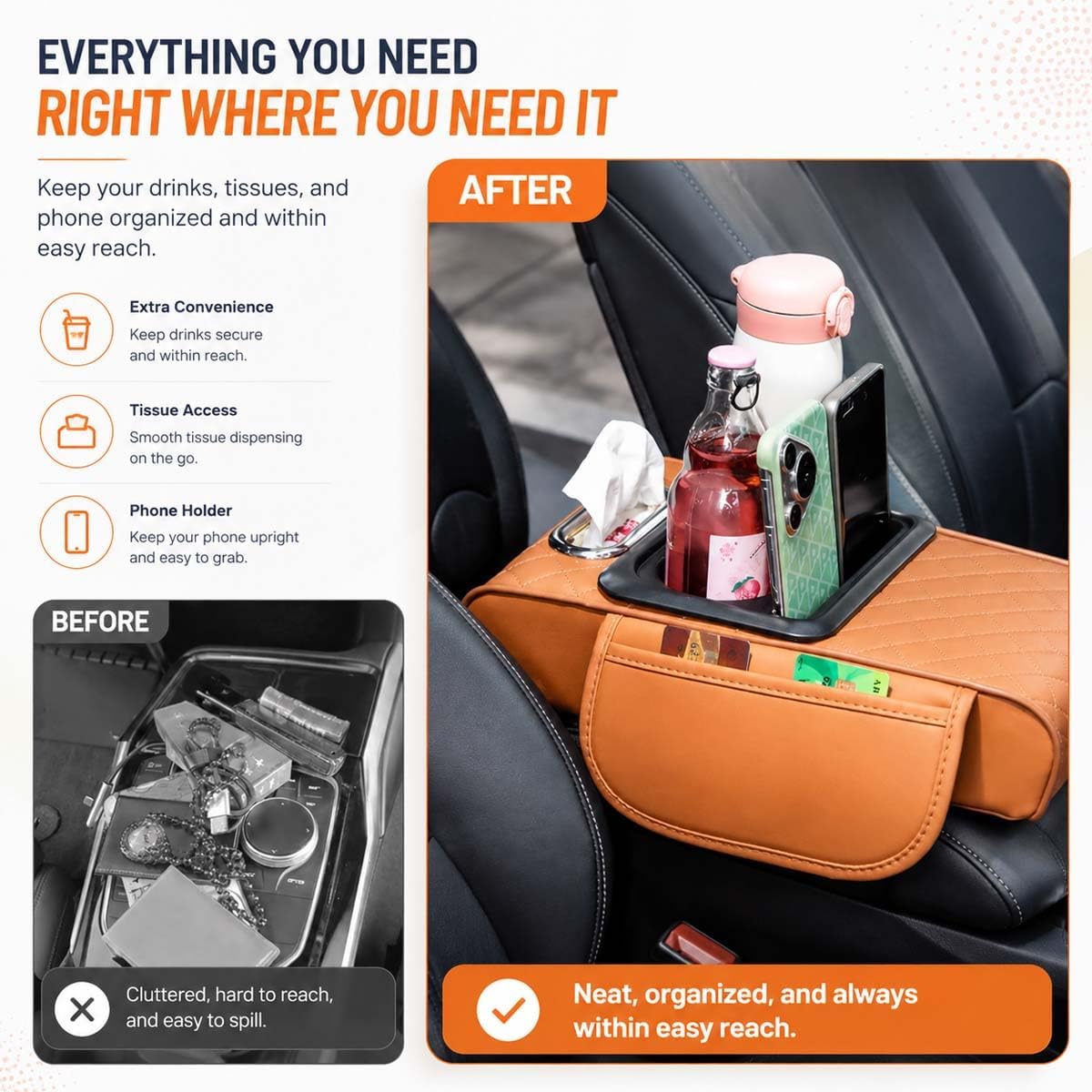 Multifunctional PU Leather Car Armrest Box Mat, 5-in-1 Center Console Cover with Cup Holder with 2 Storage Bags, Tissue Box Slot, Phone Slot for Universal Most Cars,Velcro Design (Black*A)