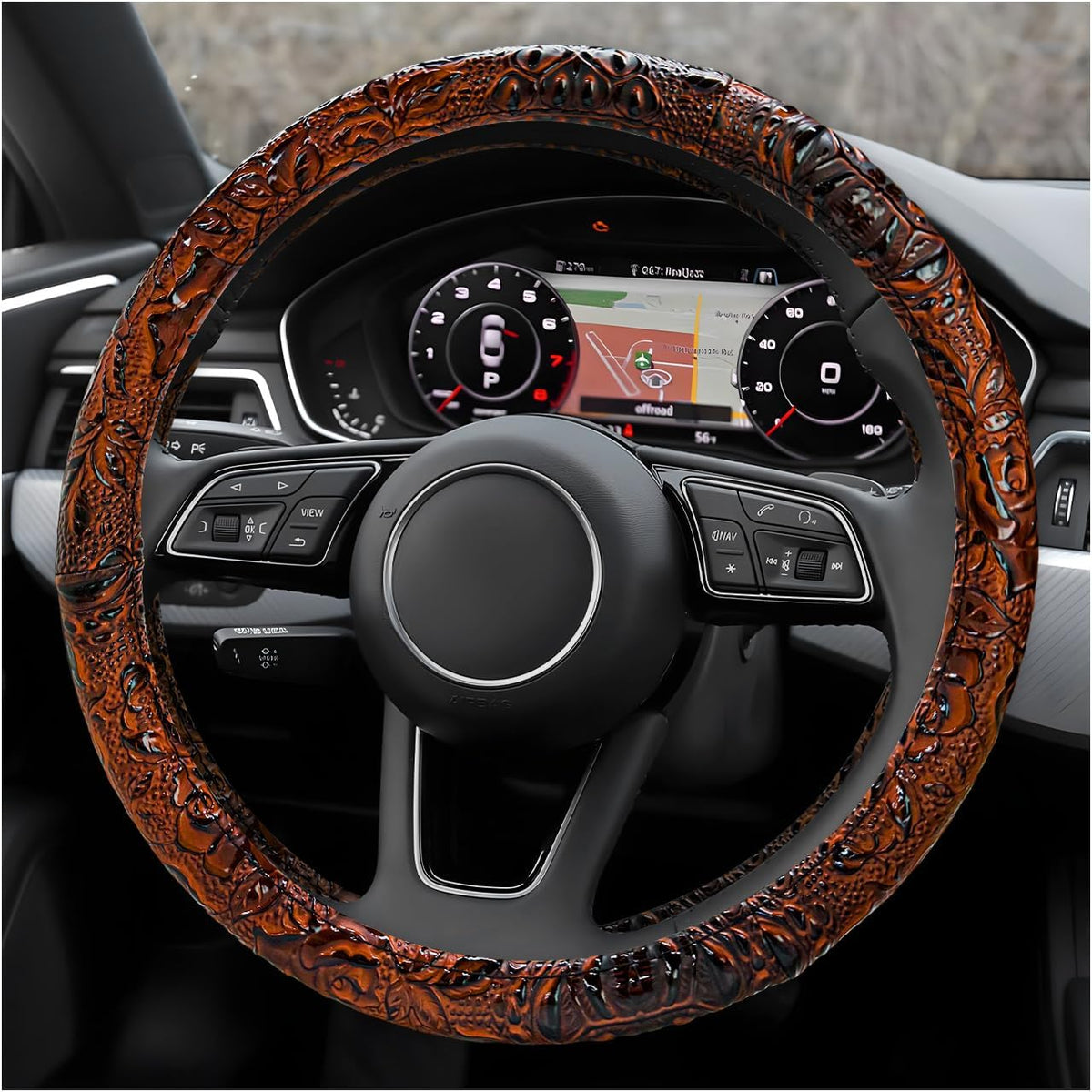 Leather Car Steering Wheel Cover, 15" Crocodile Pattern Anti Slip Car Wheel Wrap with Rose Grain, Four Seasons Universal Auto Steering Wheel Protector for Cars Trucks SUVs (Brown)