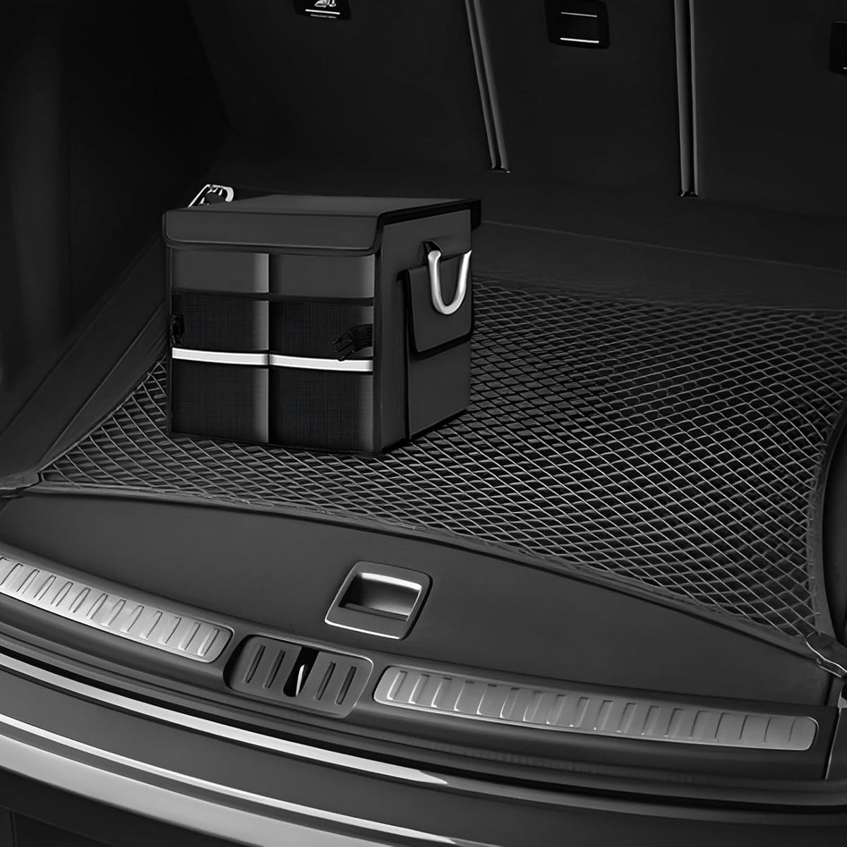 Car Trunk Organizer with Lid, 28L Waterproof Oxford Fabric Auto Trunk Cargo Storage Box w/Aluminium Alloy Handle, Collapsible 2-Compartment Storage Organizer for RV SUV Truck (Black)