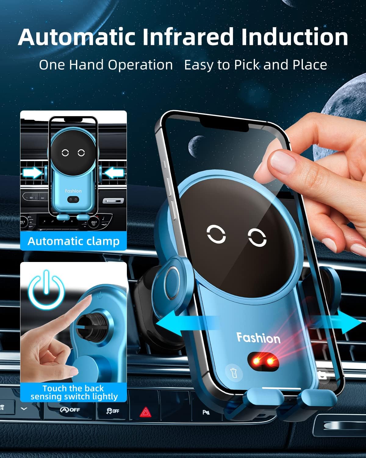 Bilious Wireless Car Charger, Phone Mount for Car Wireless Charger Smart Sensor Air Vent, Robot Automatic Clamping Phone Holder Compatible with iPhone 15/14/13/12/11/X, Samsung S22/S21/S20/N20（Blue）