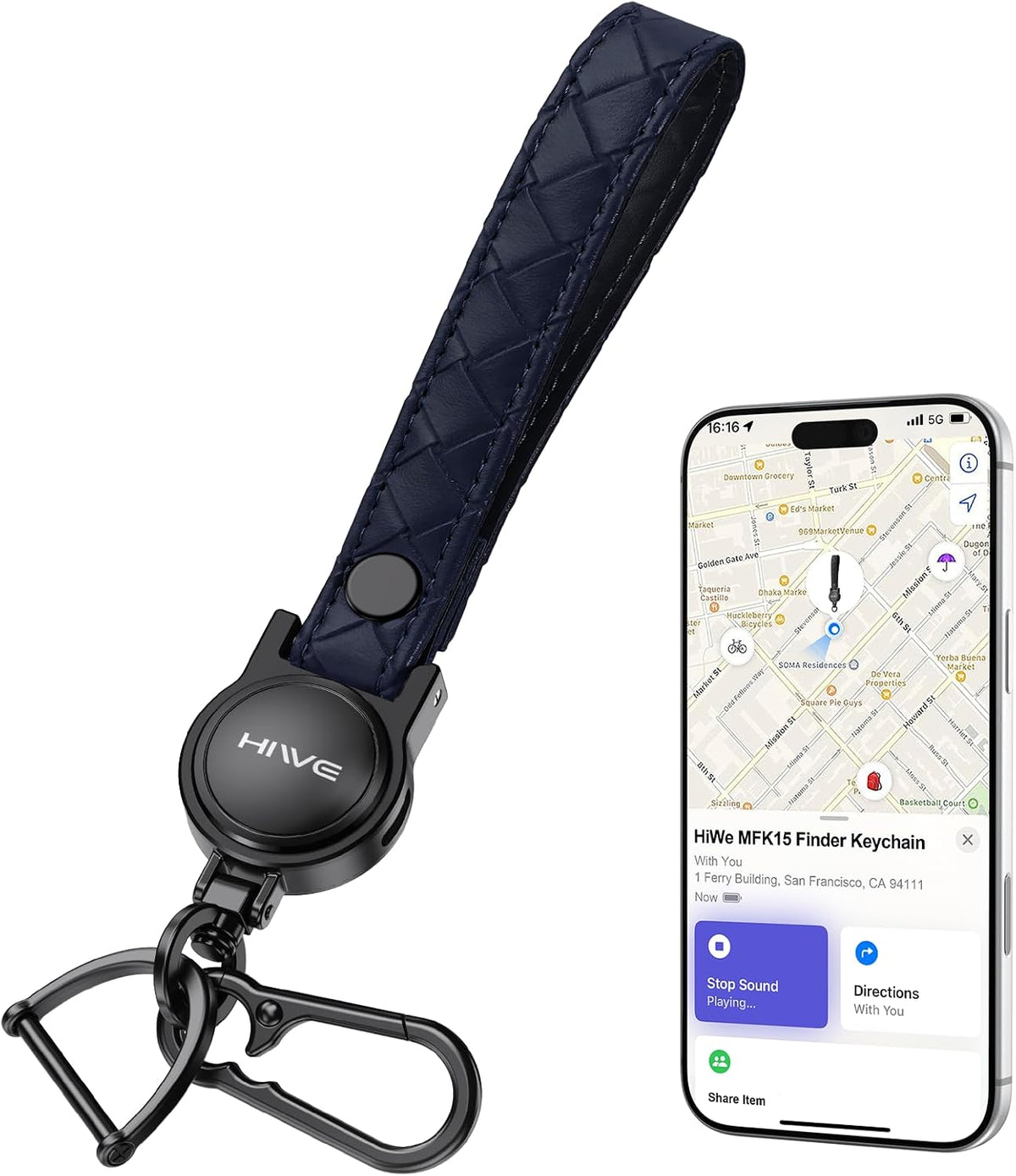 HiWe Anti-Lost Keychain, Works with Apple Find My, Carabiner Car Key Holder with Texture Leather Strap, Bluetooth Key Finder Tracker, USB-C Rechargeable, Navy Blue