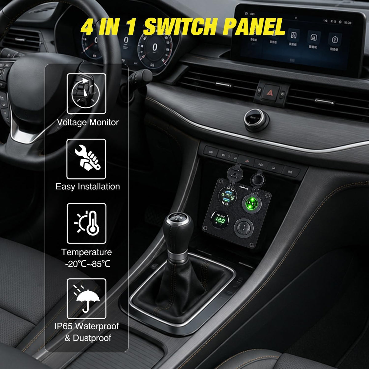 Nilight 4 in 1 Toggle Switch Panel Green Power Outlet USB Charger Voltmeter