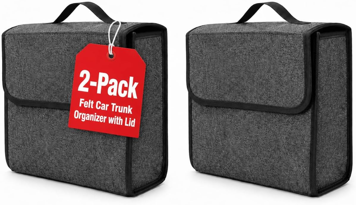 2-Pack Felt Car Trunk Organizer with Lid: Small Collapsible Cargo Storage Box Bin for Compact Sedan &amp; SUV - Anti-Slip Noise-Free Auto Interior Storage Bag for Groceries &amp; Tools, 11.79"x11.00"
