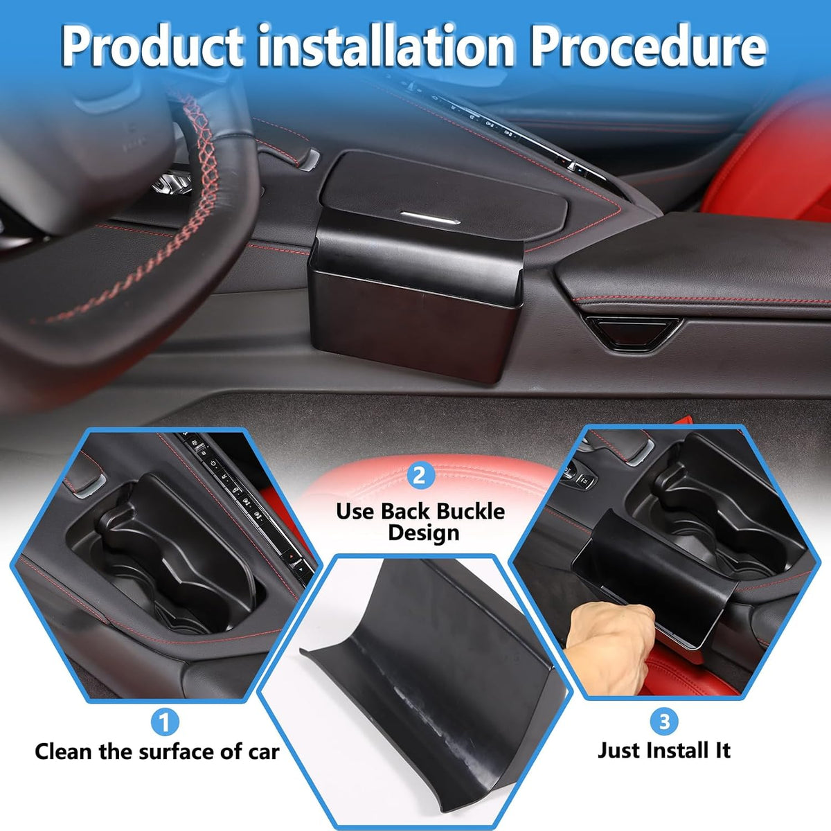 Center Console Cup Holder Organizer Compatible with Chevrolet Corvette C8 2020-2024 ABS 1PCS,Car Cup Holder Expander Storage Box,Cup Holder Hanging Insert Box Secondary Storage Tray (Black)