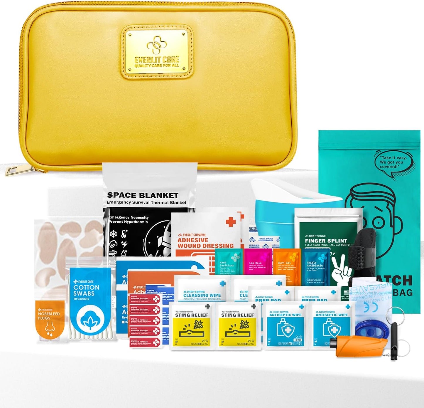EVERLIT CARE Car First Aid Kit with Emergency Supplies Survival Gear Including Window Breaker Disposable Urine Bag Mountable Survival Kit for Family Travel in Car (Yellow)