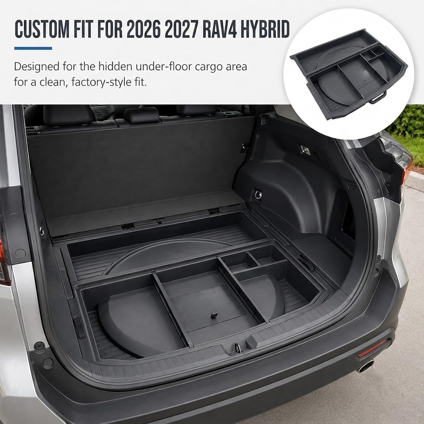 Hidden Trunk Storage Box for 2026 2027 Toyota RAV4 Hybrid, Under Floor Cargo Organizer Tray, Rear Trunk Insert Storage Bin, Multi-Compartment SUV Cargo Accessories, Black