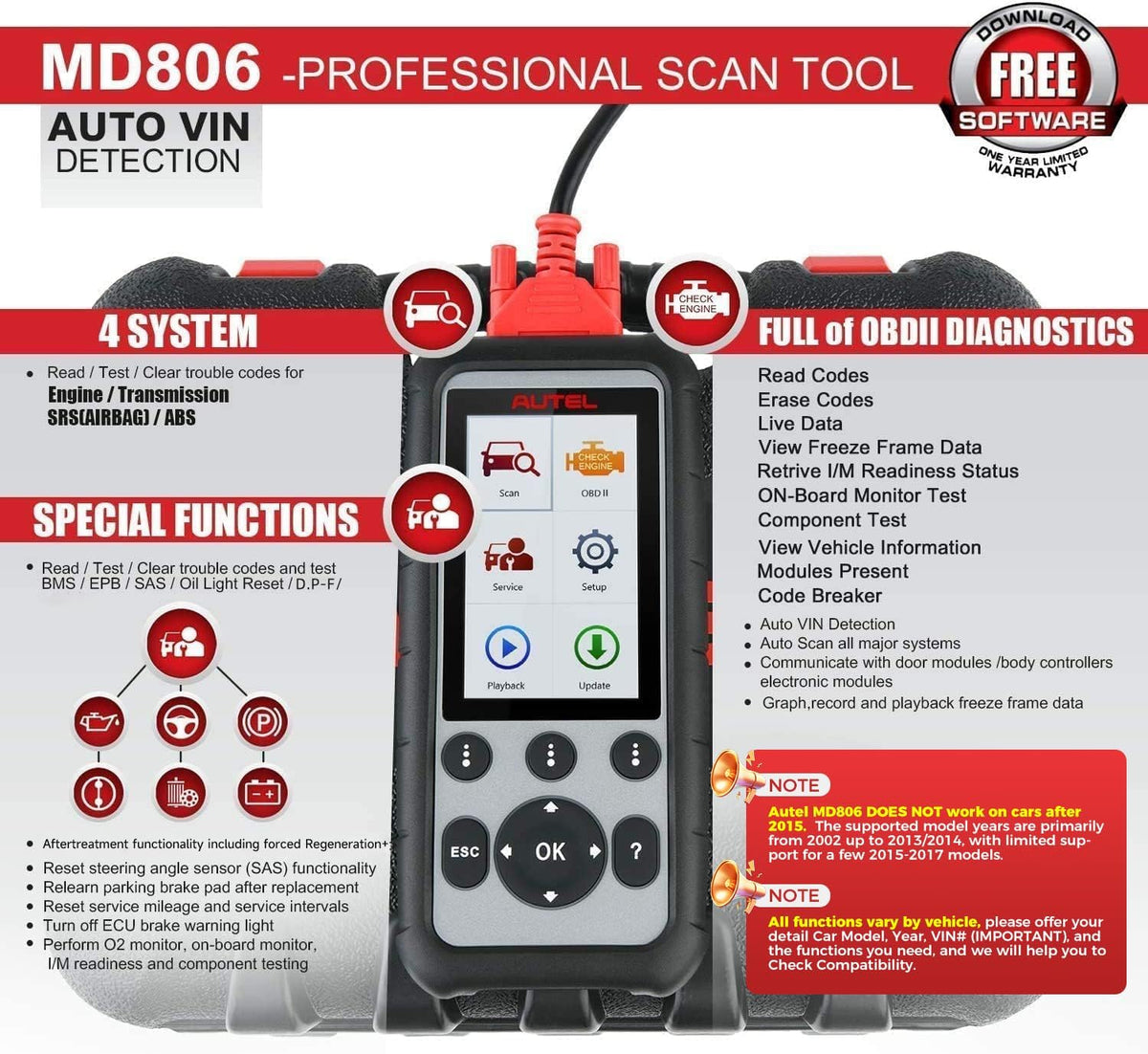 Autel MaxiDiag MD806 OBD2 Scanner, 4 Systems Diagnostic Scan Tool
