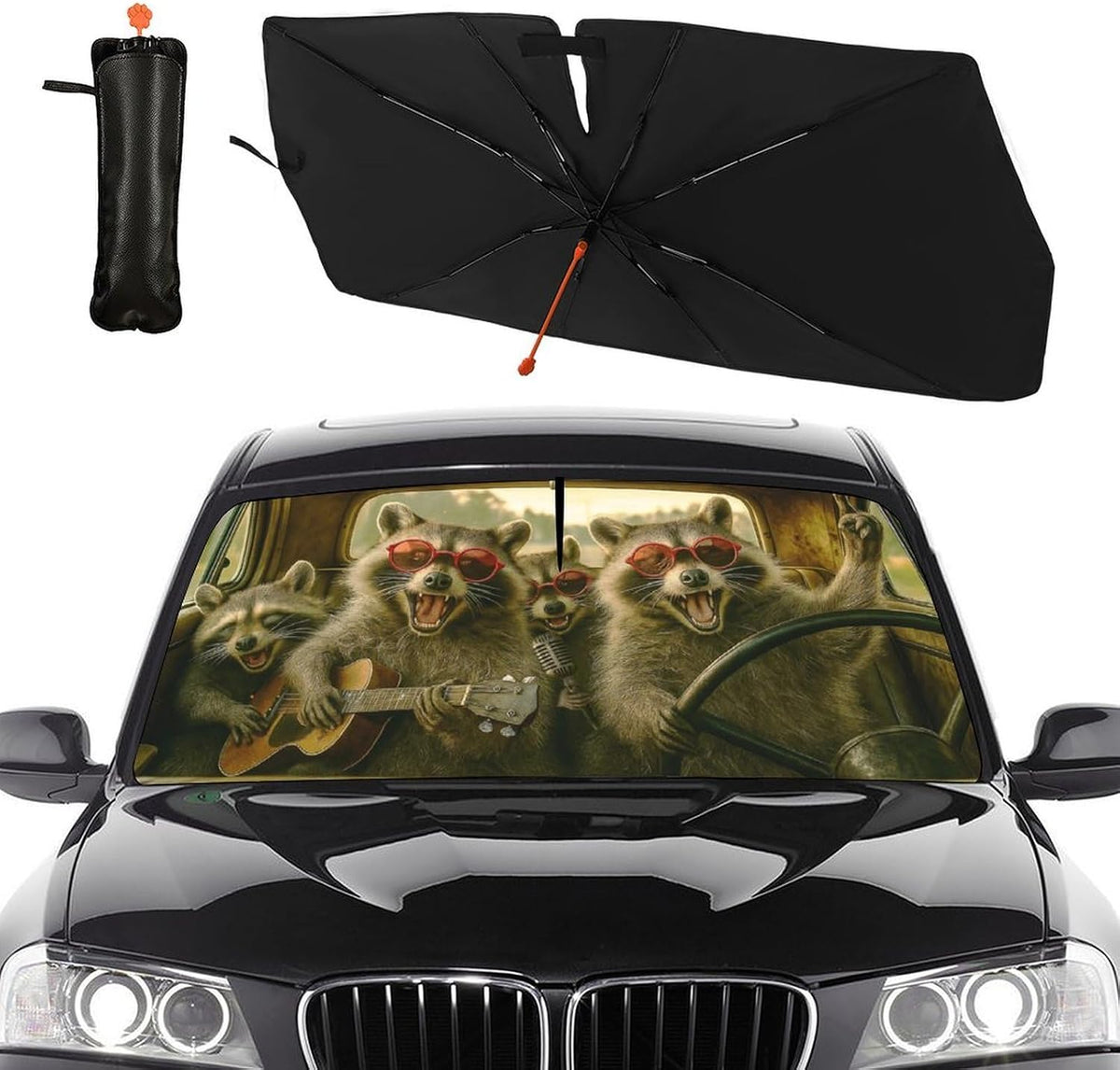 Funny Raccoon Car Windshield Sun Shade Umbrella Bendable Handle Foldable Animal Print Sunshade for Car Windshield Block UV Rays Keep Vehicle Cool for Most Sedans SUV Trucks Cars 57"x30"