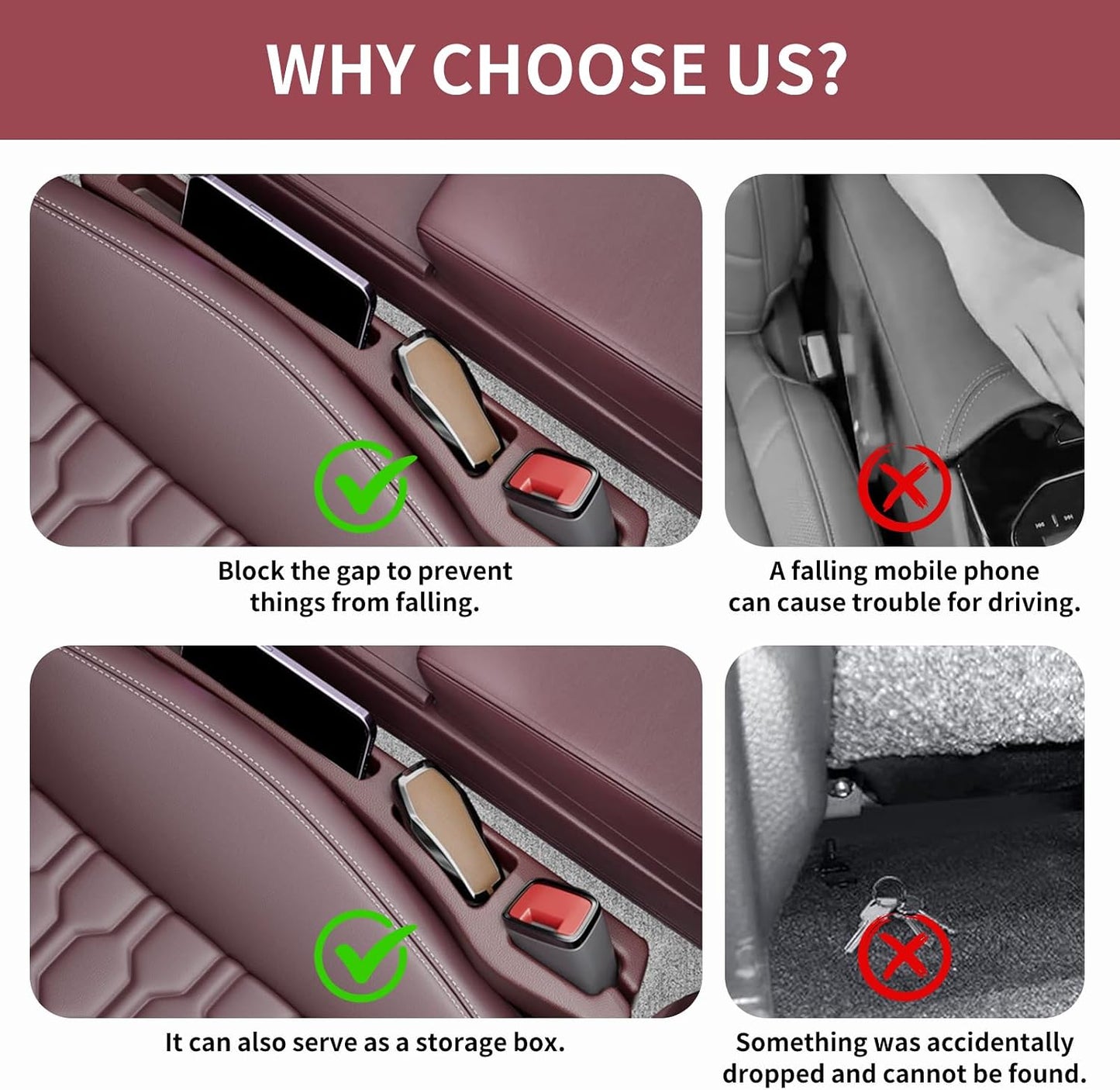 2PCS Car Seat Gap Filler Organizer,Multifunctional Car Gap Filler Organizer Storages Function,Universal Console Catcher Between Seats Cars Interior Accessories (Red)