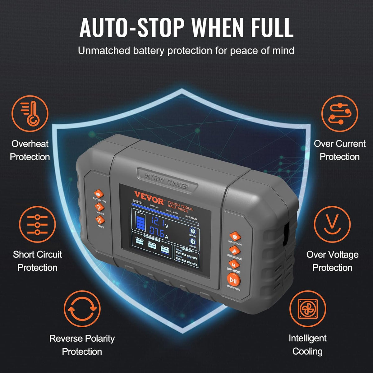 VEVOR Smart Battery Charger, 35-Amp, Lithium Lead-Acid Car Battery Charger