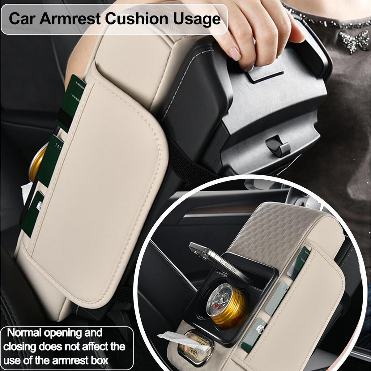 Center Console Cover,Car Armrest Cushion Multifunctional with 2 Storage Bags Cup Holder,Phone Slot,Tissue Box Slot for Most Cars Accessories Interior Organizers-Black 13.8x7.9 in