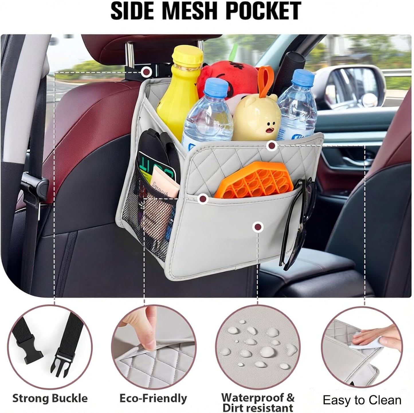 LXUNYI Car Seat Organizer, Updated Large Leather Backseat Car Organizer with Cup Holders Multifunctional Over the Seat Storage Organizer Bag Hanging Back Seat Organizers for Kids (Gray 1Pack)