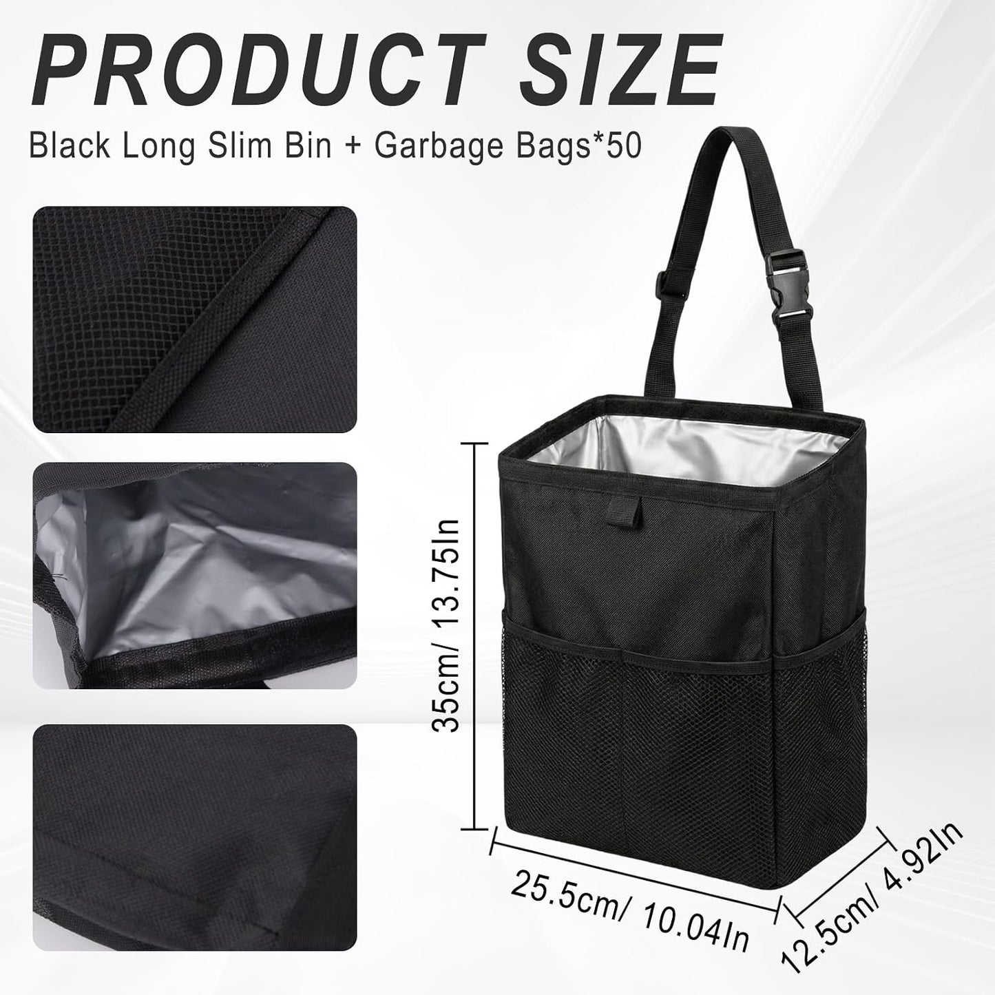 Waterproof Car Trash Bag with 50 Garbage Bag, 3.5 Gallon Hanging Leak-Proof Car Garbage Can for Back Seat with Storage Pockets, Foldable Hanging Trash Bin for Camping & Road Trips (Black)