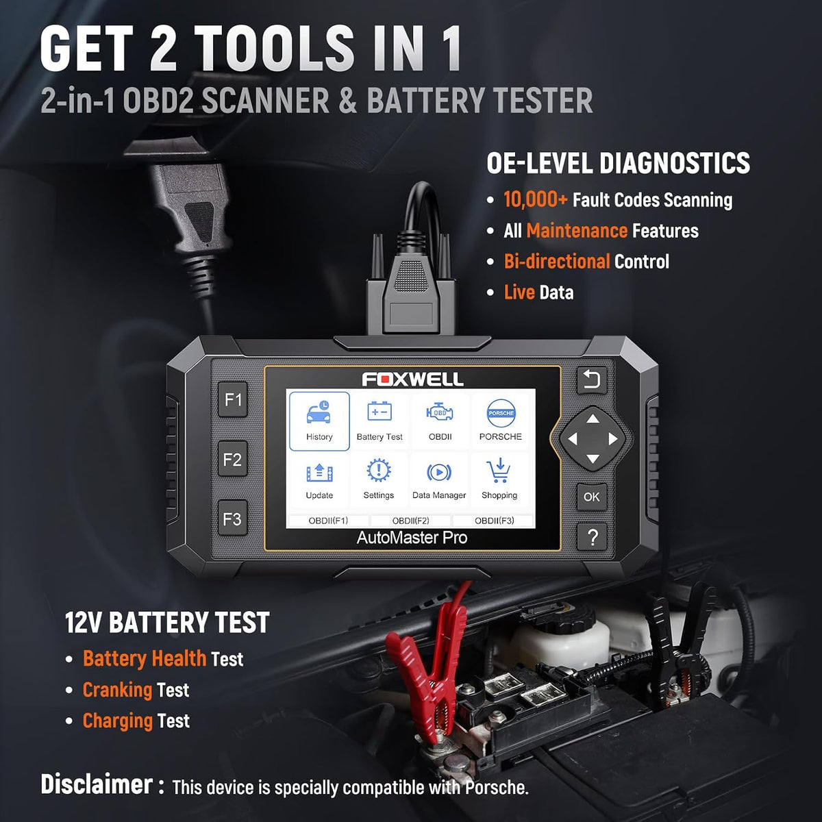 FOXWELL NT510 Pro fit for Porsche, 2-in-1 OBD2 Scanner & 12V Battery Tester