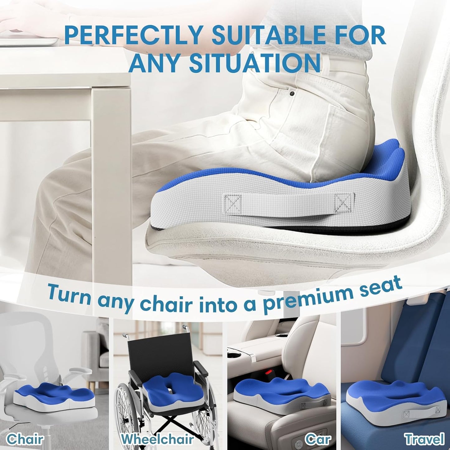 Memory Foam Seat Cushion for Office Chairs, Car Seat, Wheelchair, Desk Chair Pad - Extra Large Ergonomic Sciatica Coccyx & Tailbone Pain Relief Back Support Pillow for Long Sitting & Driving