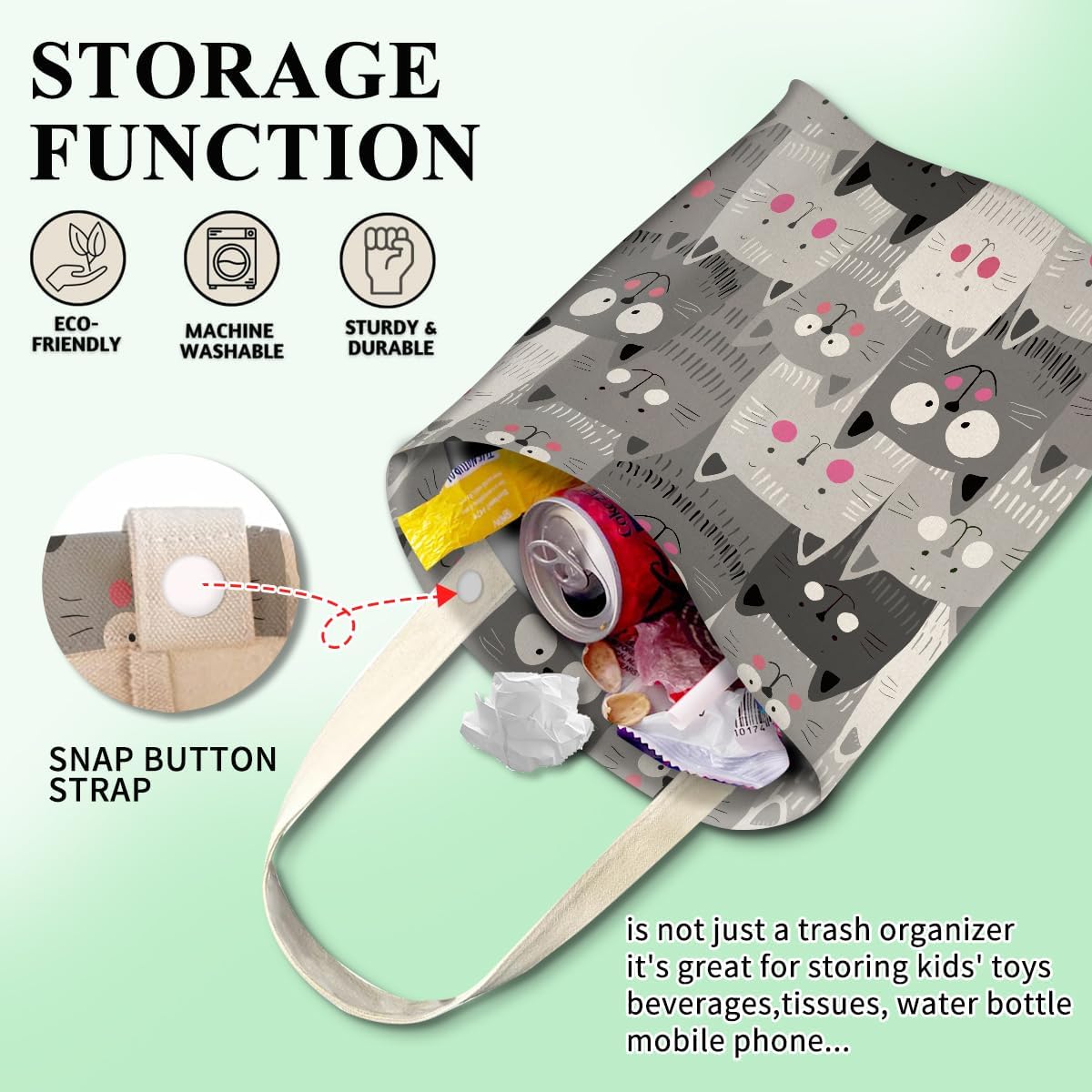 Cute Car Trash Bag, Hanging Car Organizer and Storage Bag, Trash Bin for Vehicle, Travelling, Camping - Cute Grey Cats