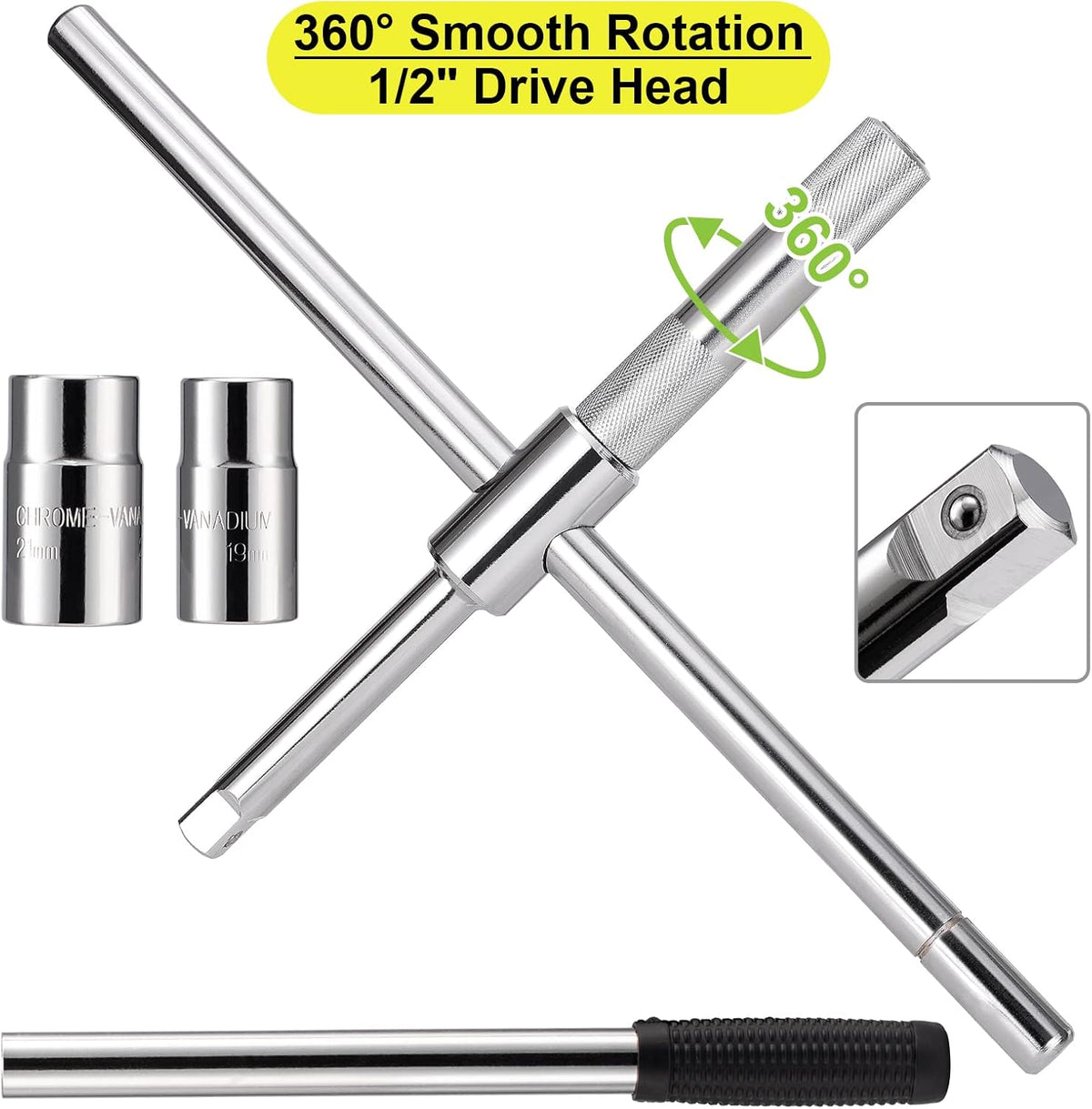 Spurtar Extended 4 Way Lug Wrench, Tire Iron Lug Nut Wrench, Tire Nut Remover Tools 1/2 Drive with 17/19mm and 21/23mm Sockets