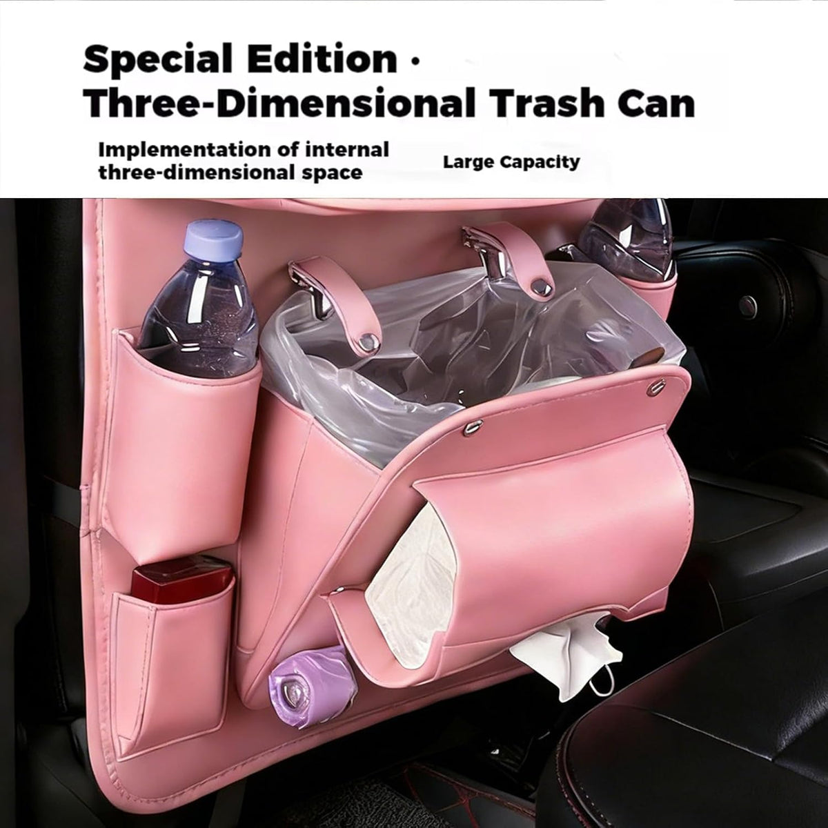 Car Backseat Organizer with Foldable Table Tray, PU Leather Seat Back Organizer with Trash Bin, Tablet Holder, Kick Mat Protector, Back Seat Storage for Cars, Pink