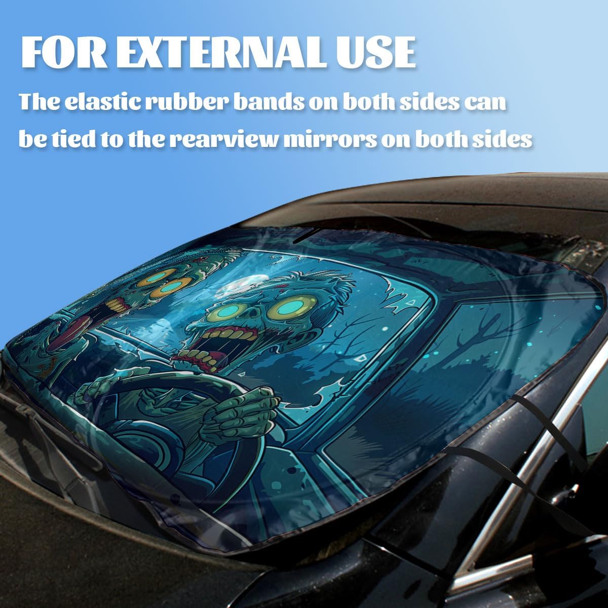Funny Zombie Car Windshield Sun Shield, 59"L x 31.5"W, Universal Fit, Polyester, UV Protection, Easy Installation