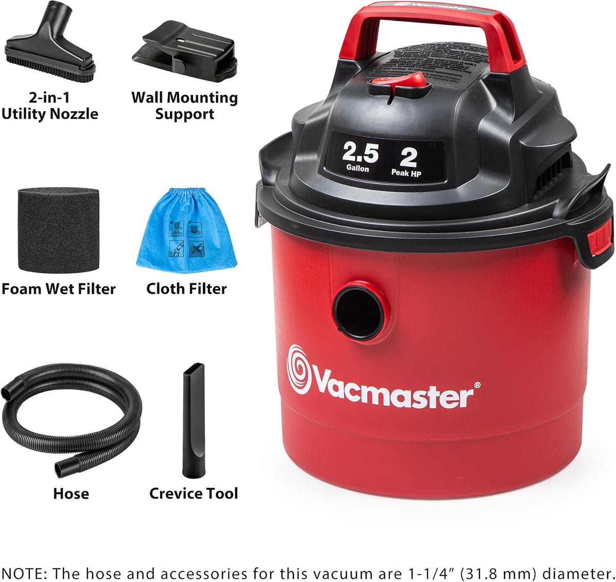 Vacmaster VOM205P 1101 2.5-Gal 2 Peak HP Wall Mount Wet/Dry Vacuum Red