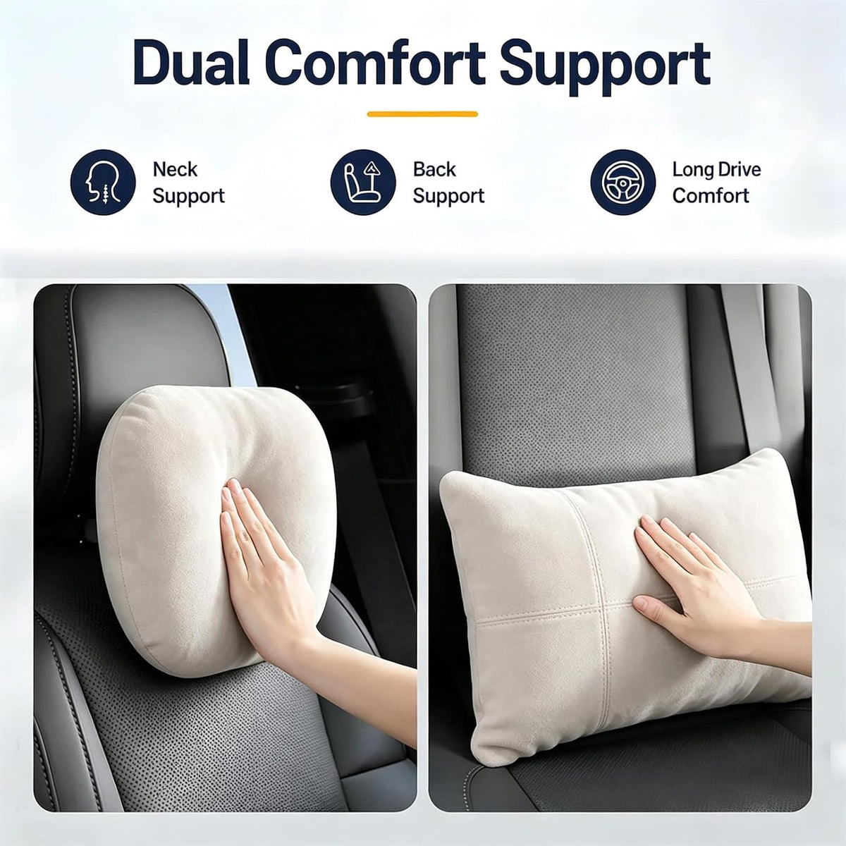 2 PCS Car Pillow for Driving Seat Soft Suede Headrest Neck & Lumbar Support