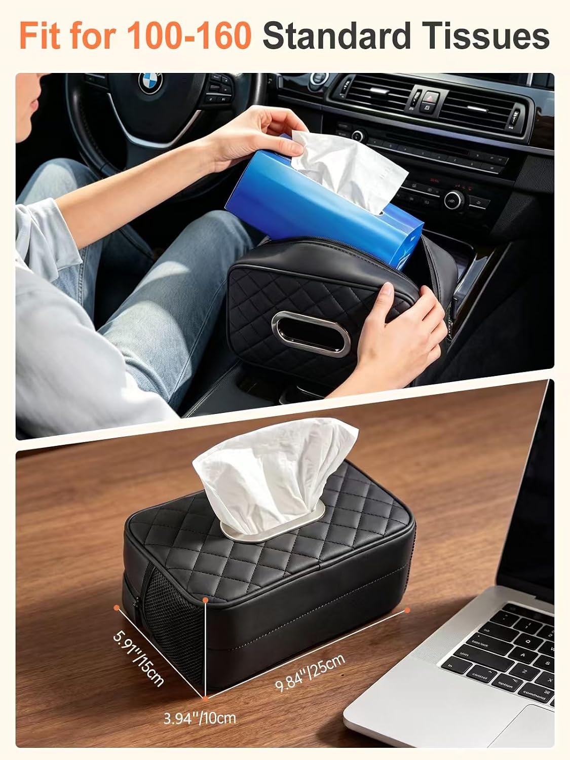 Multi-functional Car Tissue Holder with ‌2 Tuck Nets, Tissue Box Cover