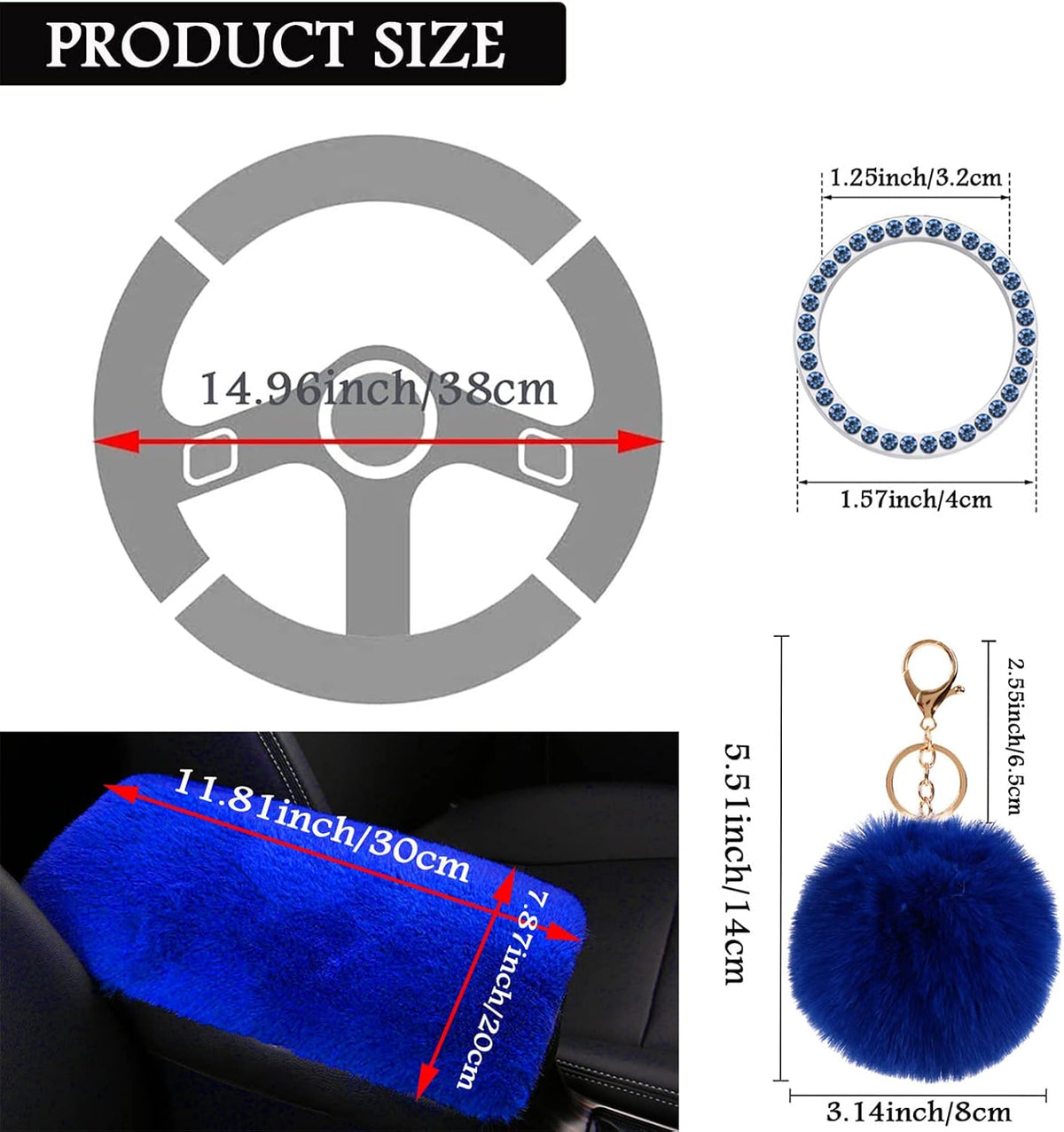 ZYNQACC 1 Set 8 Pieces Fluffy Steering Wheel Cover Set,Warm Soft Fuzzy Steering Wheel Covers for Women/Girls,Universal 15 Inches Girls Car Accessories (Royal Blue)