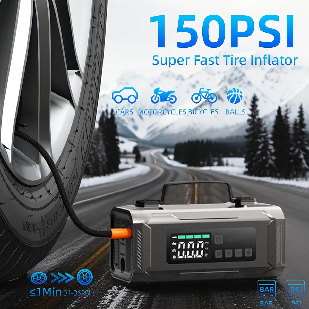6-in-1 Jump Starter with Air Compressor, 14800mAh Portable Car Battery Booster, 12V Jumper Box with 150PSI Tire Inflator, LED Light, Air Pump for All Gas/8.0L Diesel