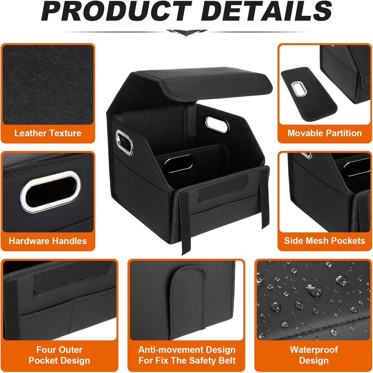 Car Storage Organizer with Box Lid, Leather Car Seat Organizer, Black