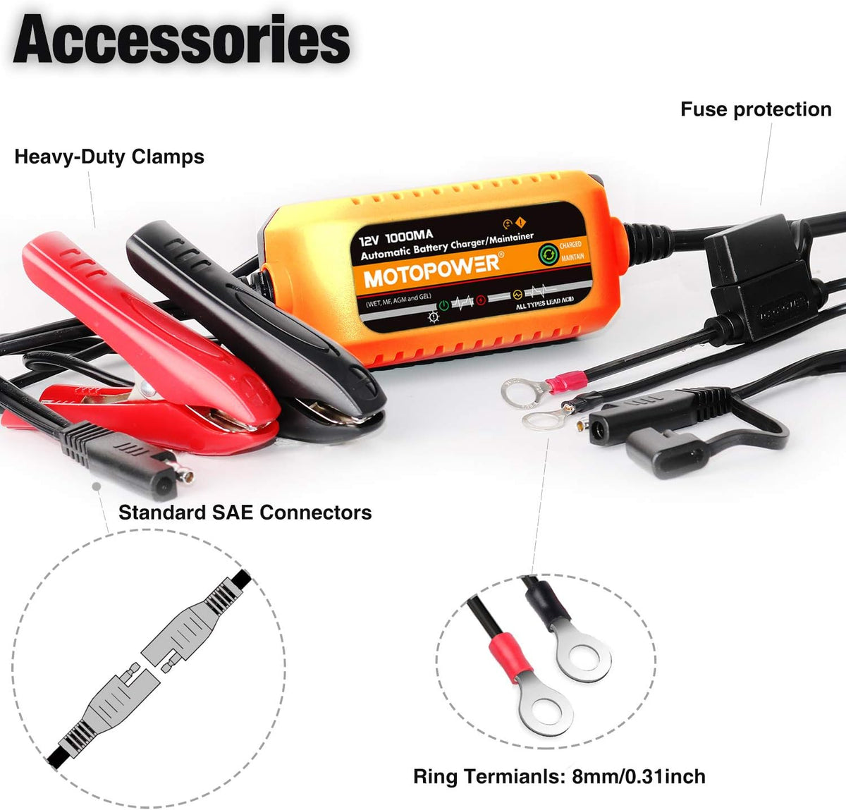MOTOPOWER 12V 1000mA Automatic Charger - Battery Maintenance - Maintain Charger and Battery Desulfator with Timer Protection.