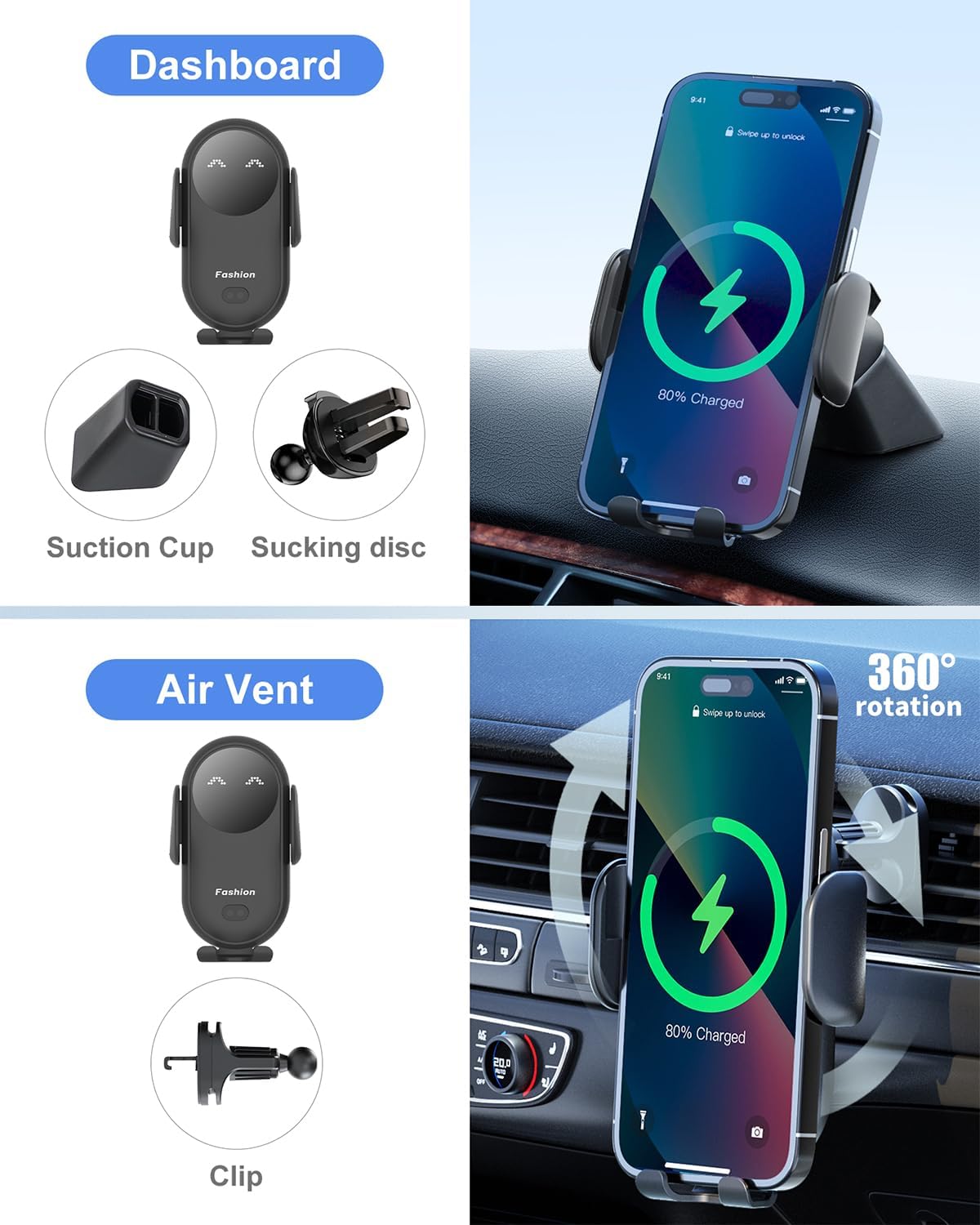 Bilious Wireless Car Charger, Phone Mount for Car Wireless Charger Smart Sensor Air Vent, Automatic Clamping Phone Holder Compatible with iPhone 15/14/13/12/11/XS/XR/8, Samsung S22/S21/S20/Note 20