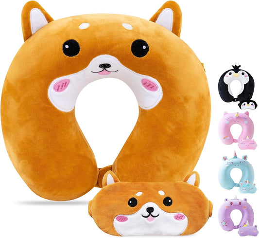 Cirorld Travel Pillow for Kids Adult Cute Neck Pillow for Traveling Memory Foam Airplane Pillow Sleep Mask Animal Flight Pillow Head Rest Neck Support for Cars Long Flights (Dog, 3-8 Y/O)
