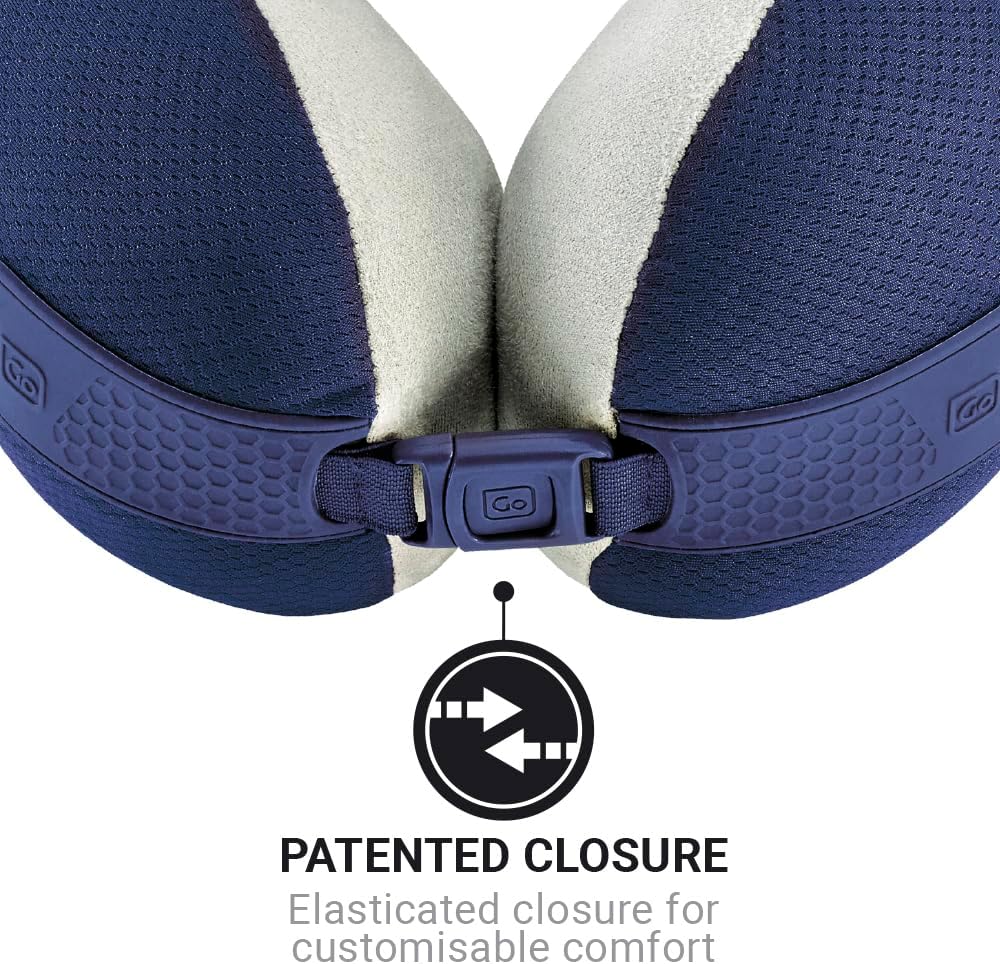 Go Travel American Dreamer, Deluxe Travel Pillow, Comfortable Memory Foam Neck Pillow with Adjustable Front Closure, Ideal for Airplane, Bus, Car, and Train, Travel Essentials, Made in USA, Dark Blue
