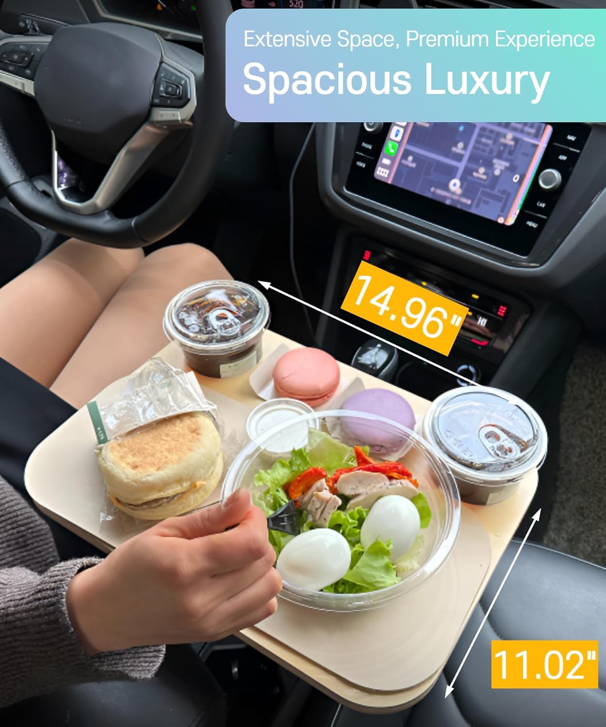 2-in-1 Drive-Thru Tray: Car Food Tray, Wood Car Trays for Eating in Parked Car, Car Desk for Laptop, Car Cup Holder Tray for Road Trip, Taxi, RVs, Truck Drivers