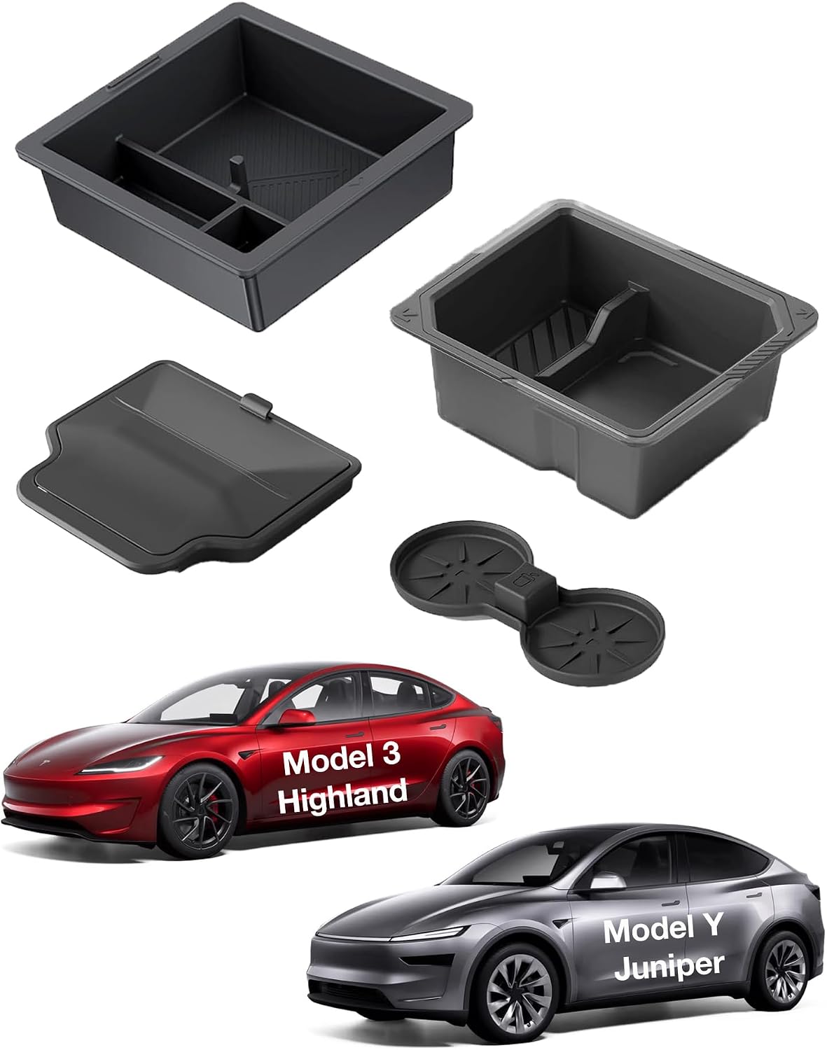 Center Console Organizer for Tesla Model Y Juniper Premium & Performance 2025 2026 and All Model 3 Highland Accessories [Double-Layer Storage, Smooth Sliding] Cup Holder Armrest Hidden Storage Box