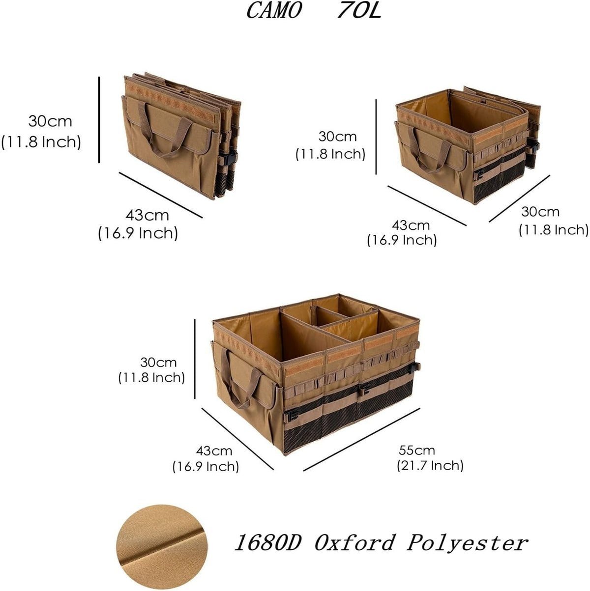 Large 70L SUV Trunk Organizer, Trunk Organizer With Lid, Foldable Cargo Storage Box, Brown, 4-Compartments With Handle, Universal for Car Sedan Truck Camping Grocery Shopping Travel