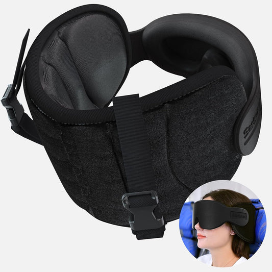 SARISUN Travel Pillows for Airplanes, 360° Stable Support Airplane Pillow with 3D Eye Mask, Headrest Pillow for Long Flight Road Trip Sleep, Stop Bobblehead Travel Essential, Black
