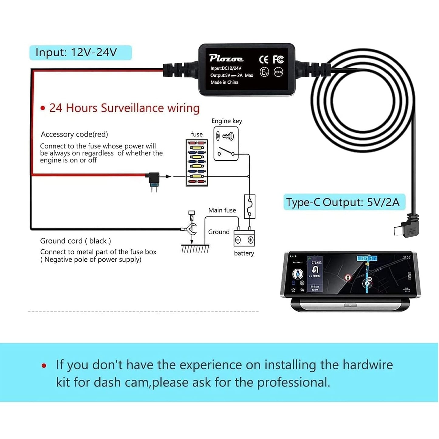 Dash Cam Hardwire Kit,USB C Polyvinyl Chloride Hard Wire Kit Fuse for Dashcam, Plozoe 12V-24V to 5V Car Dash Camera Charger Power Cord, Gift 4 Fuse Tap Cable and Installation Tool（11.5ft) , Black