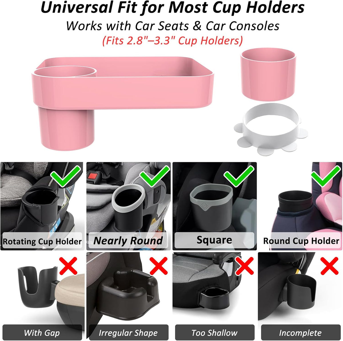 Car Seat Snack Tray for Toddlers, Reduces Mess Square Travel Tray Cup Holder Snack Tray, Durable Car Food Tray for Kids, Universal Fit Kids Travel Road Trip Essentials(Pink)